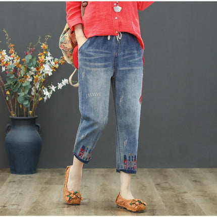 AmaxluluE Jeans larghi strappati da donna alla moda estiva Pantaloni in denim ricamati per il tempo libero da donna Pantaloni Harem elastici da donna vintage