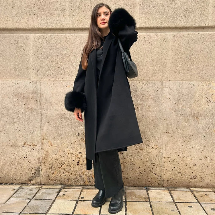 TARUXY Fox Fur Woolen Long Coats Women's Office Lady Removable Elegant Coat Double-sided Wool Overcoat 2025 New Cardigan Jacket