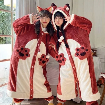 Cartoon Animal Fox Pajamas Women's Winter Coral Fleece Thickened One-Piece Plush Cute Long Hooded Plus Size Robe Home Wear