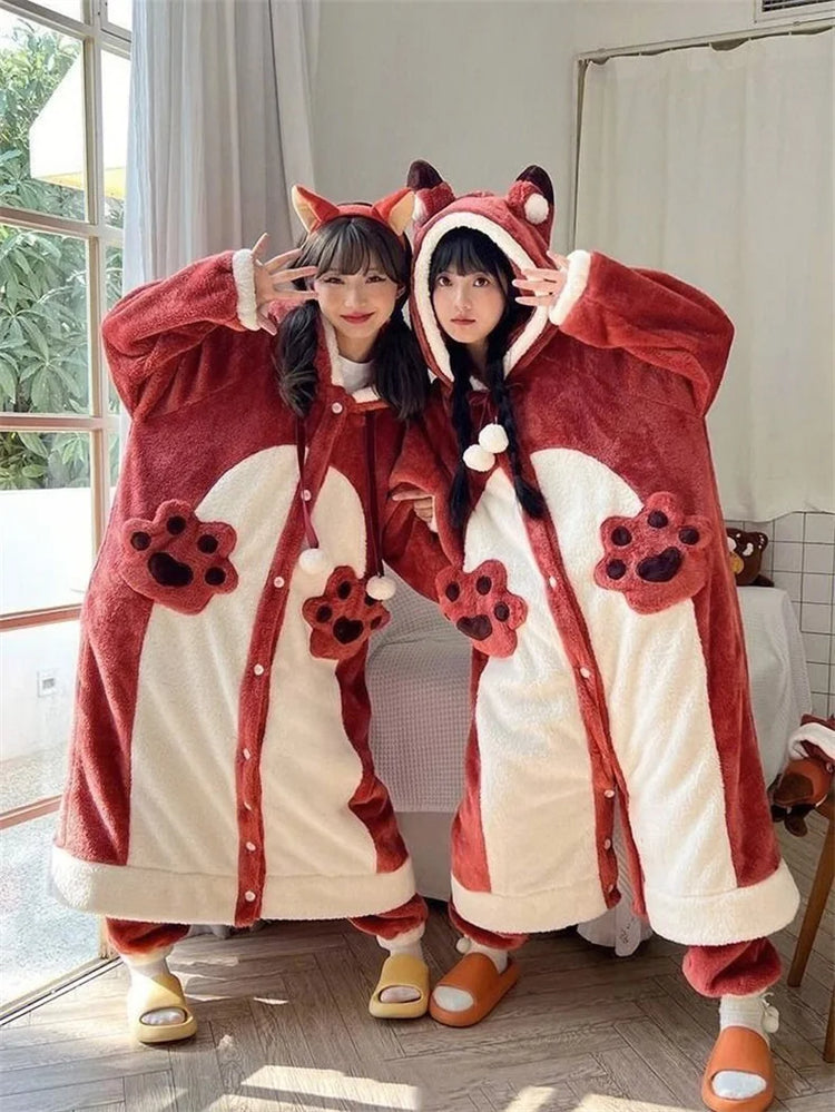 Cartoon Animal Fox Pajamas Women's Winter Coral Fleece Thickened One-Piece Plush Cute Long Hooded Plus Size Robe Home Wear