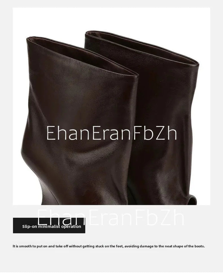 2025Ladies' Spring and Summer New Fish Mouth Slope High Heel Knee Boots, Fashionable Pointed Fashion Show Medium Cool Boots PlatiNum