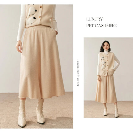 Women's 100% Pure Cashmere Knit Skirt New Elastic Waist Big Swing Skirts Fashion High-End Thick Umbrella Skirt Cashmere Dress PlatiNum