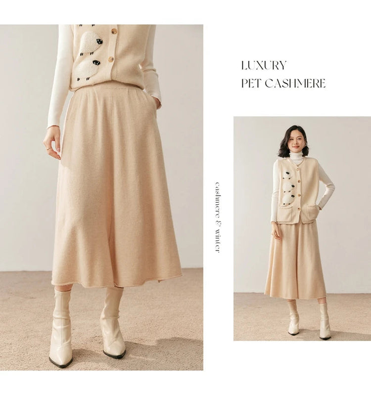 Women's 100% Pure Cashmere Knit Skirt New Elastic Waist Big Swing Skirts Fashion High-End Thick Umbrella Skirt Cashmere Dress PlatiNum