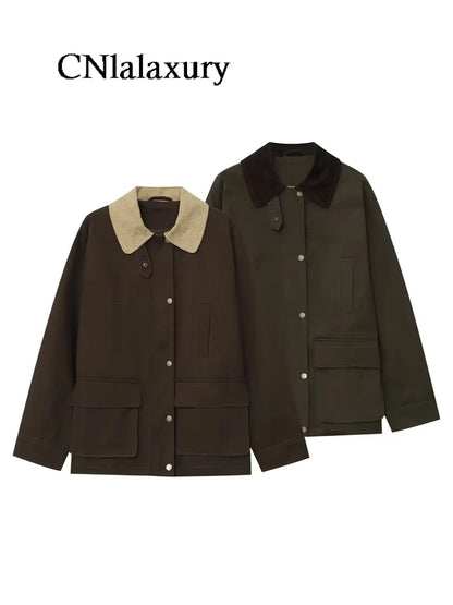 CNlalaxury Women 2025 Autumn New Fashion Contrast Collar Long Sleeve Jacket Casual Warm Coat High Street Outerwear Mujer