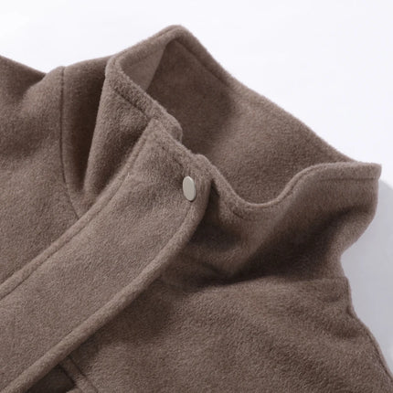 Casual Solid Woolen Loose Coats Women Belt Stand Collar Full Sleeve Zippers Lace Up Coat Female 2026 Autumn Lady Outwears