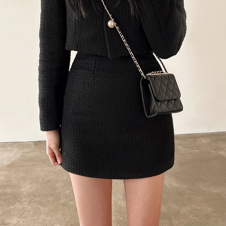 Women Tweed 2 Two Piece Sets Long Sleeve Pearl Buttons Short Jacket and A-line Mini Skirt Set Fall Winter Women Outfits