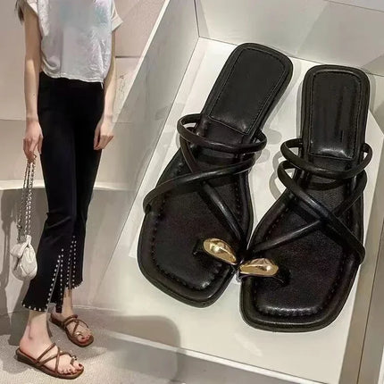 Sandali da donna eleganti con cinturino incrociato, comodi e leggeri, con passante per il dito, scarpe da spiaggia dal design casual a tinta unita per l'estate