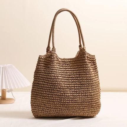 Fashionable Straw Tote Bag Large Capacity Woven Beach Bag Solid Color Casual Square Beach Bag