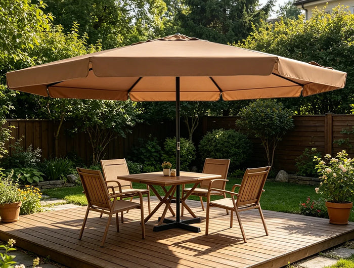Ombrellone da esterno in alluminio 500 cm color tortora, anti-UV, con manovella, 8 stecche, base stabile, tessuto impermeabile, facile da montare