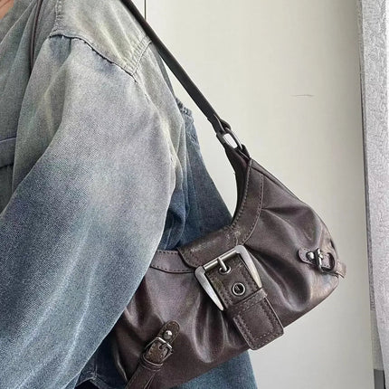 Y2K Vintage Distressed Leather Women Bag Shoulder Bag Maillard Style Underarm Purse Two Tone Crossbody Bag for Women PlatiNum