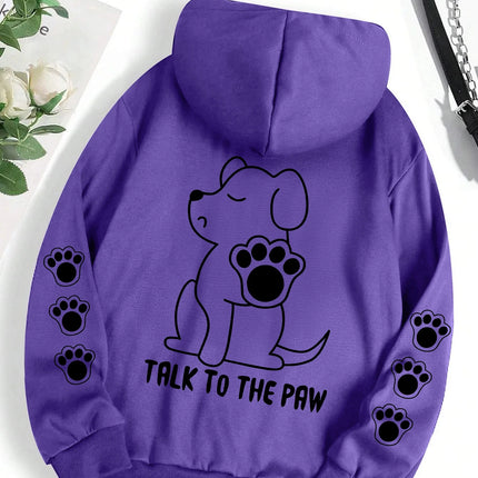 Talk To The Paw Funny Dog Cartoon Print Hoodie Women Warm Fleece Hoody Fashion Casual Hooded Autumn Loose Round Neck Woman Tops