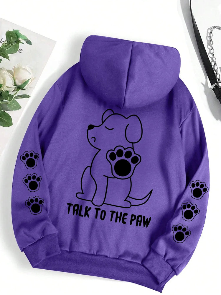 Talk To The Paw Funny Dog Cartoon Print Hoodie Women Warm Fleece Hoody Fashion Casual Hooded Autumn Loose Round Neck Woman Tops