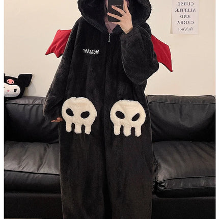 Cartoon Devil Pajamas Couples Women Men Onesie Sleepwear Winter Thicken Hooded Loungewear Coral Fleece Homewear Pijama Disfraz