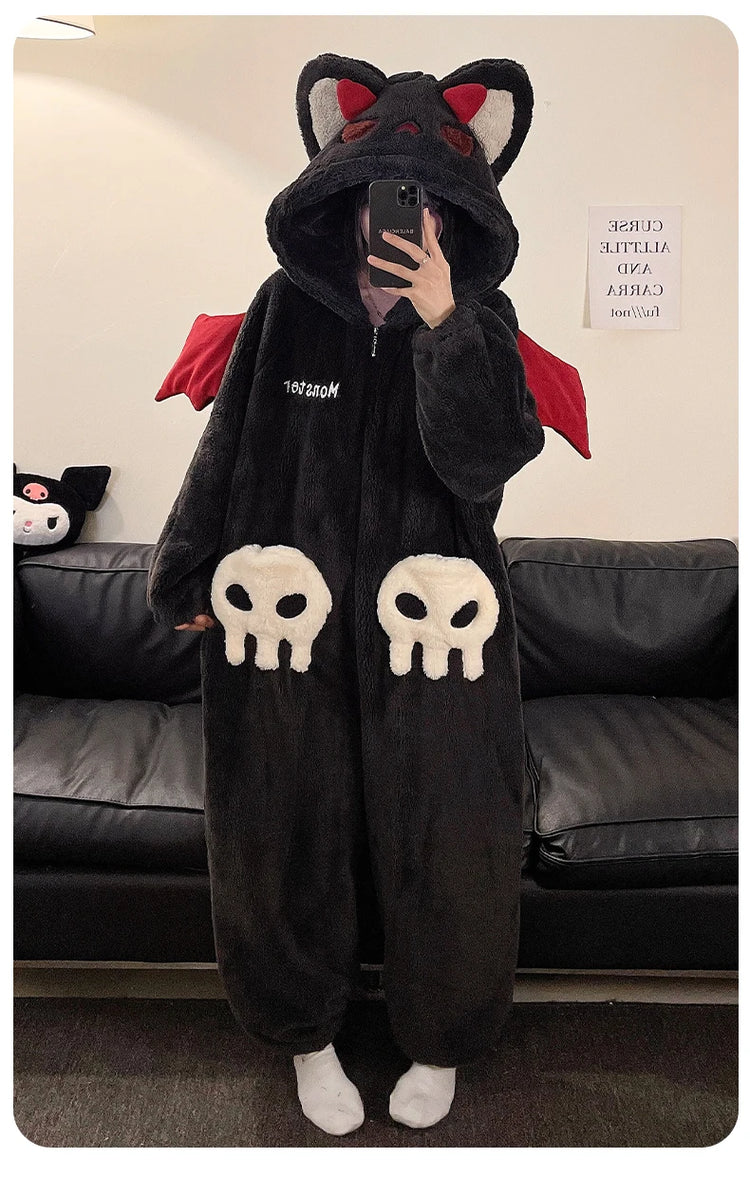 Cartoon Devil Pajamas Couples Women Men Onesie Sleepwear Winter Thicken Hooded Loungewear Coral Fleece Homewear Pijama Disfraz