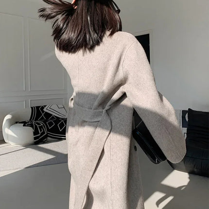 Luxury Hand-sewn Double-sided Cashmere Wool Coat Women New Mid-length Scarf Collar Loose Lace-up Warm Wool Coat Fashion Winter
