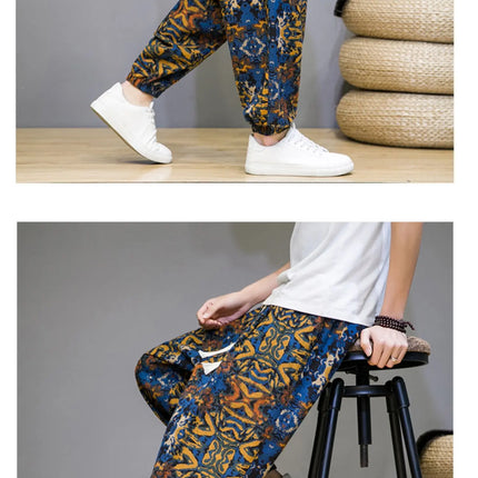 Pantaloni Primavera-Estate da Uomo in Stile Cinese, Sottili e Traspiranti in Cotone e Lino, con Vita Elastica, Pantaloni Harem Stampati Casual e Comodi