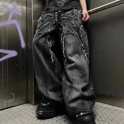 Y2K Retro Oversize Baggy Pantaloni lavabili unisex Phantom Jeans Uomo High Street Spider Toppa ricamata Hip Hop Streetwear Gotico