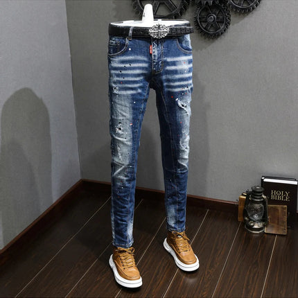 Fashion Designer Men Jeans Retro Blue Stretch Slim Fit Painted Ripped Jeans Men Korean Style Vintage Casual Denim Pants Hombre PlatiNum