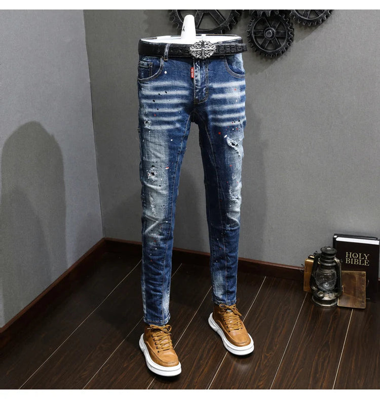Fashion Designer Men Jeans Retro Blue Stretch Slim Fit Painted Ripped Jeans Men Korean Style Vintage Casual Denim Pants Hombre PlatiNum