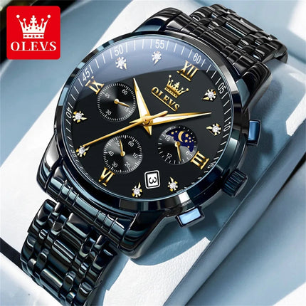 OLEVS 2858 Orologio da Uomo in Acciaio Inossidabile, Impermeabile, Antigraffio, con Fasi Lunari, Luminoso, Cronografo, Orologio da Polso al Quarzo di Lusso platinumshop