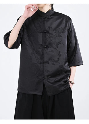 Camicie cinesi Camicia retrò in seta di ghiaccio con motivo floreale scuro Tradizionale Kung Fu Tai Chi Casual Loose Fit Top da uomo traspirante estivo