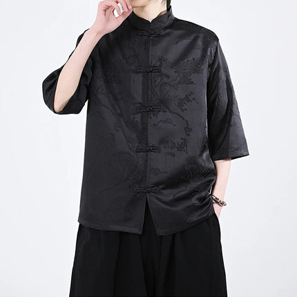 Camicie cinesi Camicia retrò in seta di ghiaccio con motivo floreale scuro Tradizionale Kung Fu Tai Chi Casual Loose Fit Top da uomo traspirante estivo