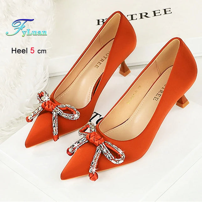 2025 New 10cm High Heels Women's Shoes Rhinestone Bow Pointed Toe Silk Heel Women's Pumps