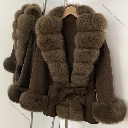 Real Fur Wool Jacket Fashion Reality Fur Jacket Women Natural Fox Fur Cuffs Winter Clothing Female Elegant with Belt Woolen Coat