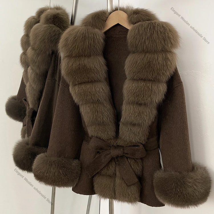 Real Fur Wool Jacket Fashion Reality Fur Jacket Women Natural Fox Fur Cuffs Winter Clothing Female Elegant with Belt Woolen Coat