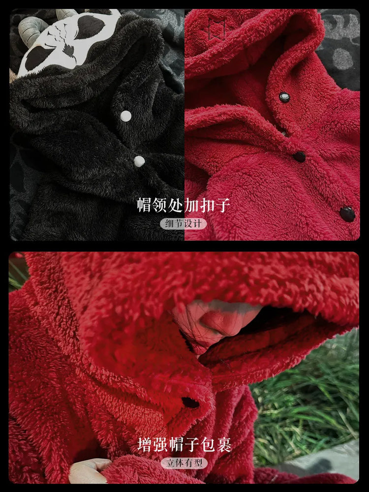 Virtual Alice Dark Gothic Demon Death Skull Horned Hooded Robe Thickened Coral Fleece Winter Warm Long Sleepwear Loungewear