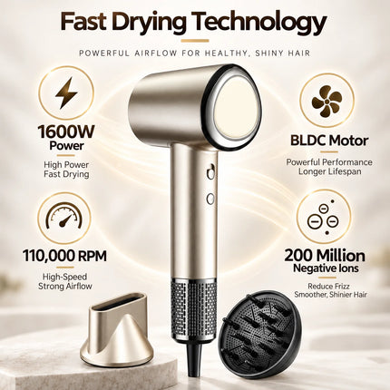 1600W High Speed Hair Dryer RH1886 BLDC Motor 200 Million Negative Ions 4 Heat Settings 2 Speeds Concentrator Diffuser