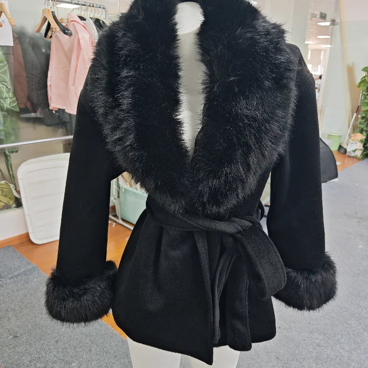 Women Faux Wool Short Coat Faux Fur Collar Cuffs Patchwork Lace-Up Coats Elegant Loose Luxury Ladies Autumn Winter Outerwear