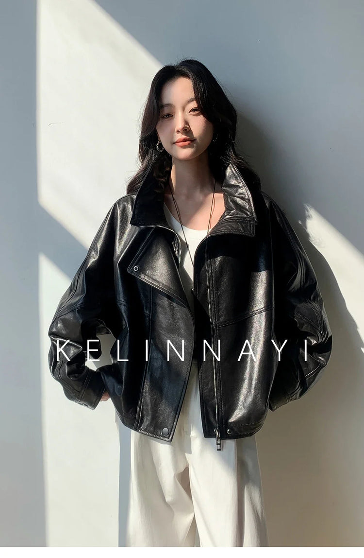 Waxed Sheepskin Genuine Leather Moto Biker Jacket Women Cropped Stand Collar Zip Up Snap Button Loose Casual Autumn Outwear 2026