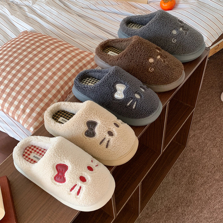 Cute Cat Winter Warm Slippers Women Men Fluffy Plush Home Shoes Red Bowknot Plaid Lining Indoor Bedroom Cotton Slides Mules New