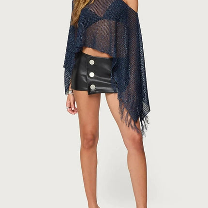 Top da donna sexy estivo lavorato a maglia con scollo obliquo, maniche a pipistrello, design irregolare, dettagli traforati e frange, vestibilità ampia, tinta unita platinumshop