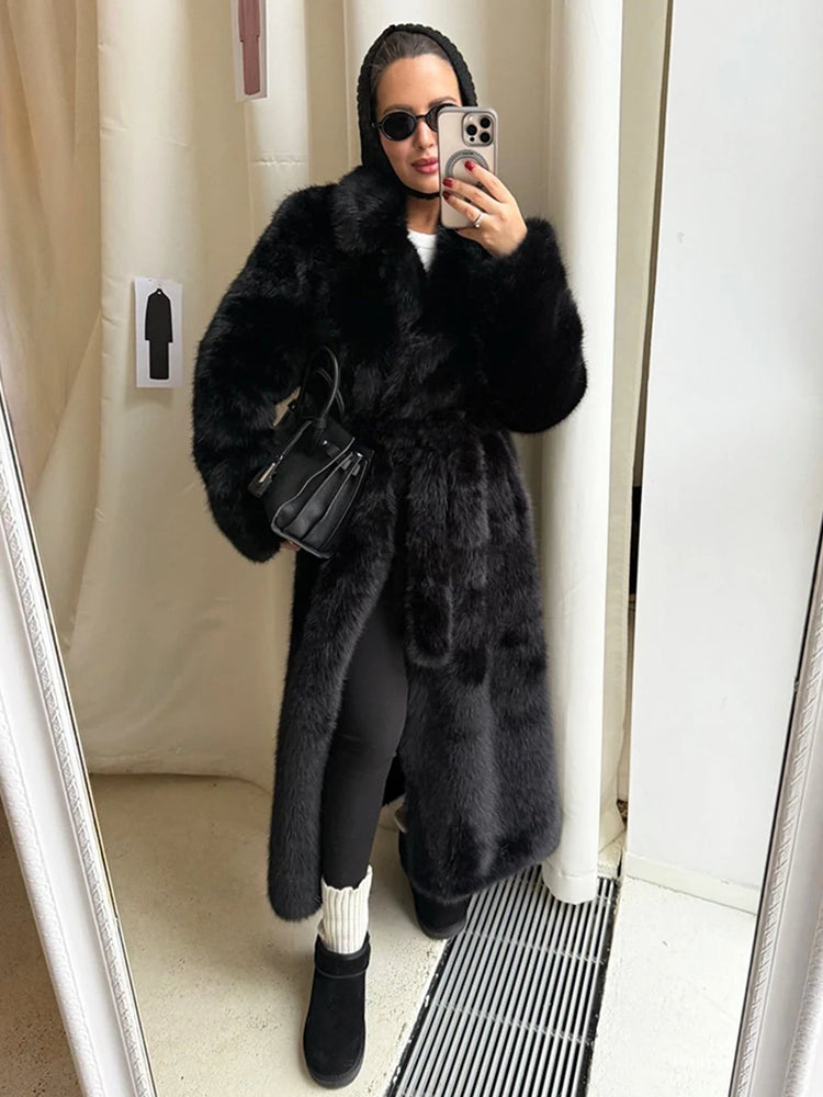 ZADORIN 110cm Long Lapel Belted Brown Faux Fur Coat Woman Elegant Mink Fur Faux Coat Fluffy Fur Jackets for Woman Winter Clothes