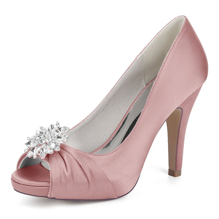 Primavera Boca de pescado Punta redonda Diamantes de imitación de seda Zapatos de boda impermeables de tacón alto para mesa Sandalias de mujer de talla grande para vestido de banquete