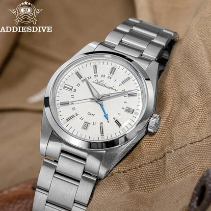 ADDIESDIVE 36mm Stainless Steel GMT Quartz Watch Bubble Mirror Pot Cover Glass 10ATM Dive Luminous Simple Watches For Men