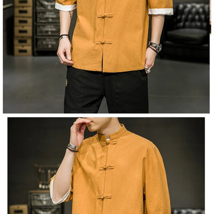 Camicia stile giapponese da uomo estiva cinese colletto rialzato Yukata Kimono Samurai Indossare T-shirt color block Hanbok Cappotto casual