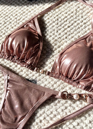 Micro Bikini Rosa Lucido da Donna, Sexy con Perle in PU, Push-Up, Perizoma, Costume da Bagno Estivo, con Lacci, per Vacanze PlatiNum