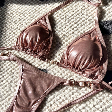 Micro Bikini Rosa Lucido da Donna, Sexy con Perle in PU, Push-Up, Perizoma, Costume da Bagno Estivo, con Lacci, per Vacanze PlatiNum