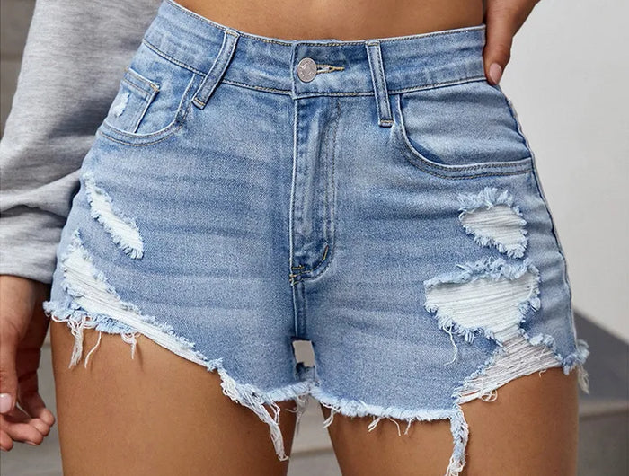 Shorts en jean déchirés taille haute pour femme Été Décontracté Effiloché Ourlet brut Baggy Jean Short Tendance Coupe ample Jeans à poches