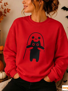 Cute Ghost Hugging Cat Funny Simple White Line Graphic Print Pullover Long Sleeve Casual Loose Streetwear Fashion Sweatshirts