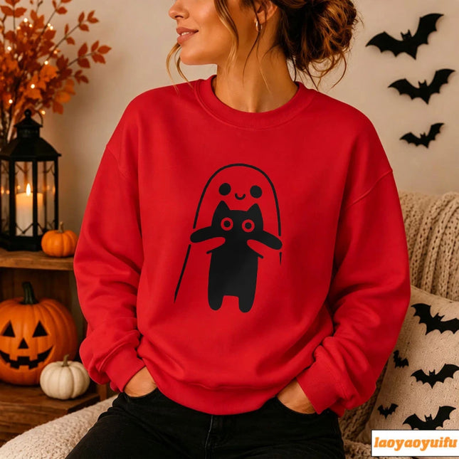 Cute Ghost Hugging Cat Funny Simple White Line Graphic Print Pullover Long Sleeve Casual Loose Streetwear Fashion Sweatshirts