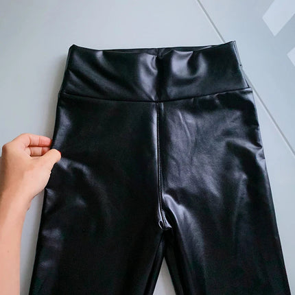 BIVIGAOS Fashion Women PU Leather Pants Elastic High Waist Winter Leggings Slim Velvet Leather Leggings Skinny Fleece Trousers PlatiNum
