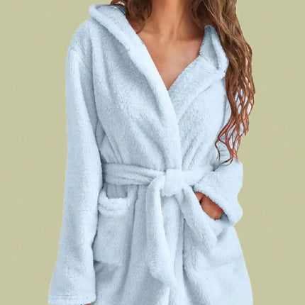 1 pezzo di vestaglia da donna con cappuccio in tinta unita con cintura, pigiama in pile accogliente e caldo per la casa in autunno e inverno.