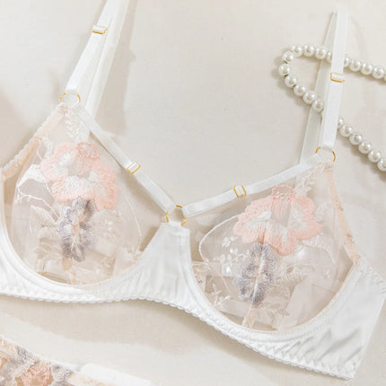 Krasapt Luxury Floral Embroidery Lingerie 2Pcs Sets Sensual Mesh See Through Bra And Panty Garter Erotic Suits Delicate Bilizna