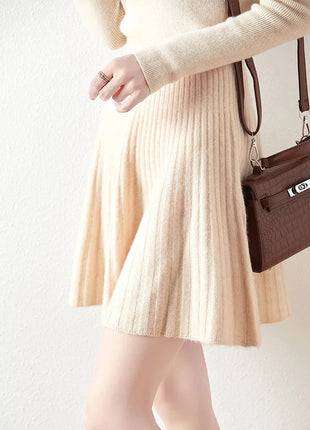Preppy Style women's 100% Merino Wool Skirts Autumn Winter Pleated Skirt Cashmere Knitwear Short A-Line Above Knee Skirt PlatiNum