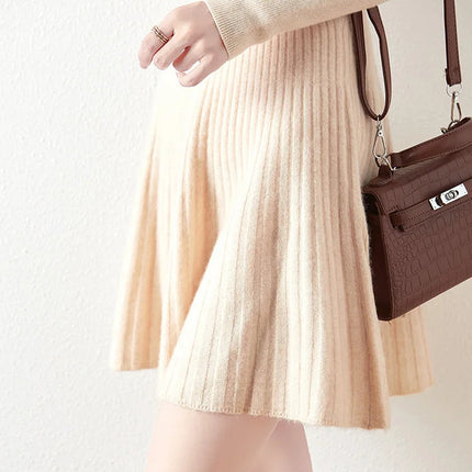 Preppy Style women's 100% Merino Wool Skirts Autumn Winter Pleated Skirt Cashmere Knitwear Short A-Line Above Knee Skirt PlatiNum