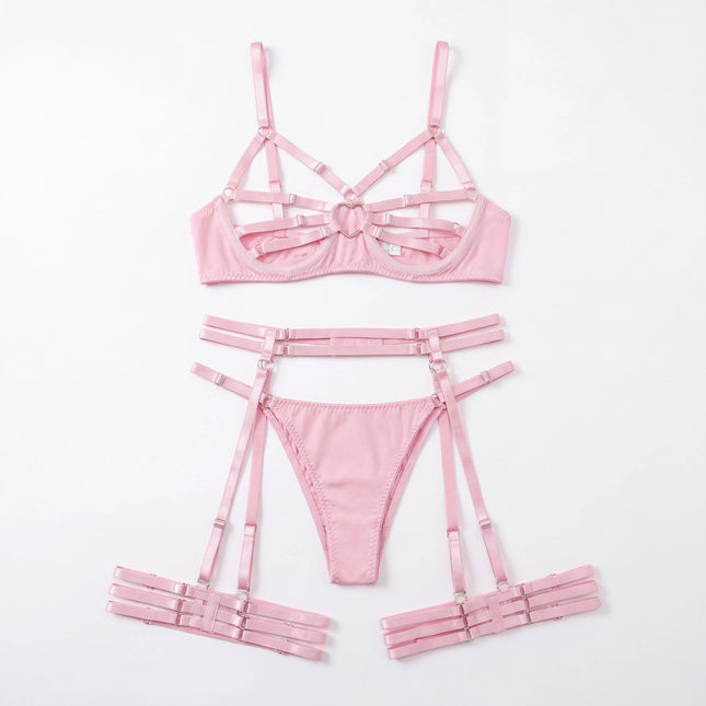 Bunny Girl Lingerie Set Pink Open Cup Hollow Out See Through Mesh Bra Panty Headband Straps Role Play Costume Party Halloween